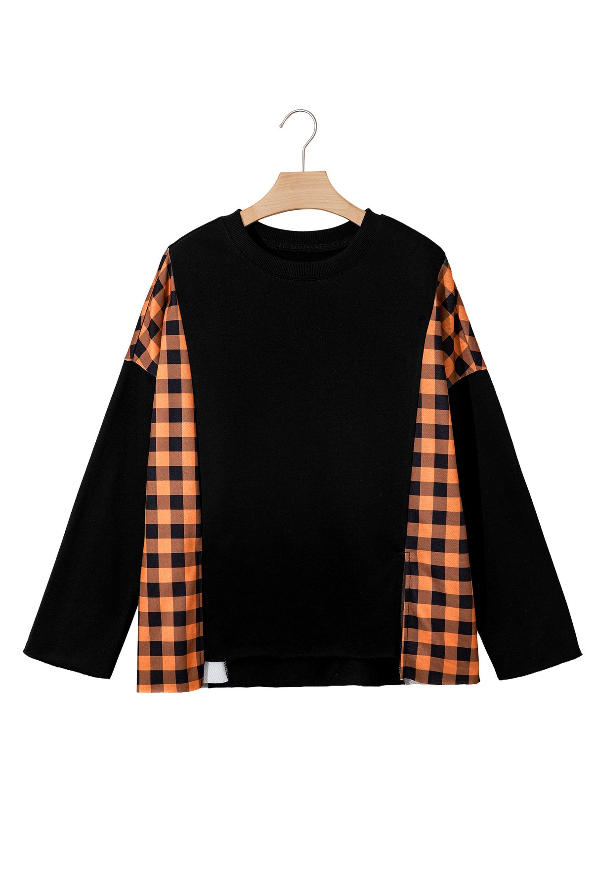 Black Patchwork Plaid Pumpkin Face Long Sleeve Top