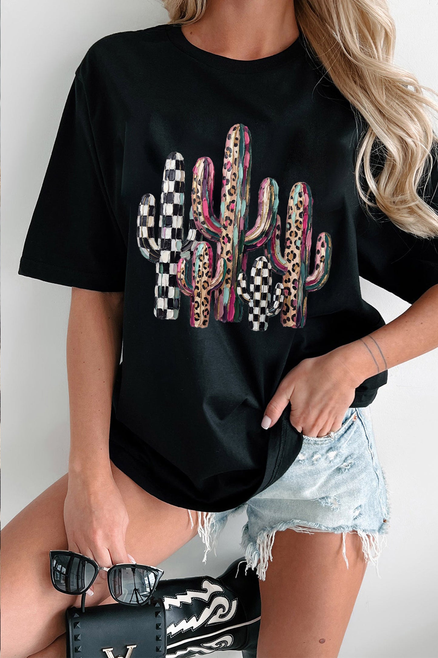 Black Mixed Pattern Cactus Graphic Print Relaxed T-Shirt