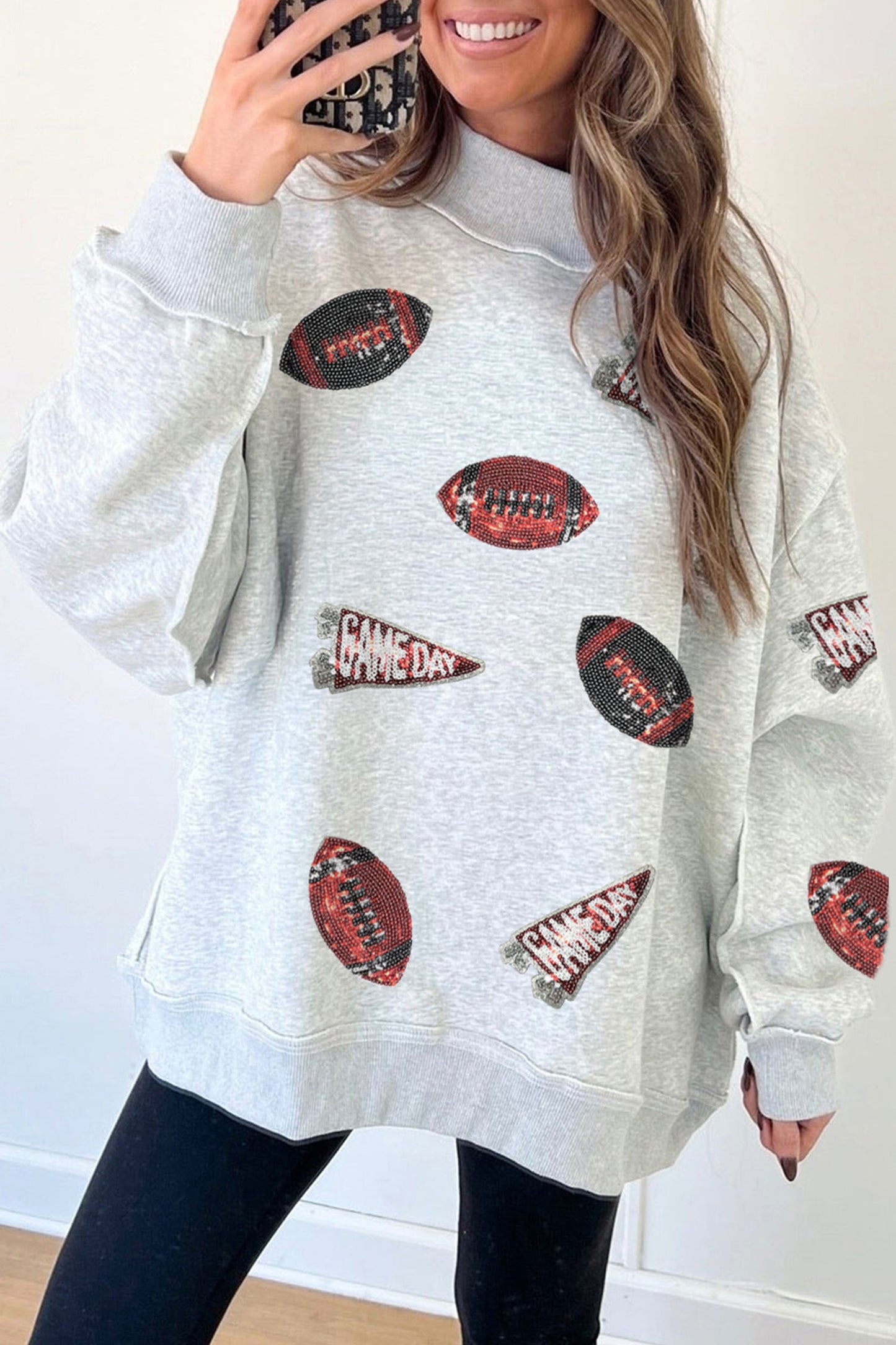 Light Grey Sequin Rugby Game Day High Neck Baggy Sweatshirt