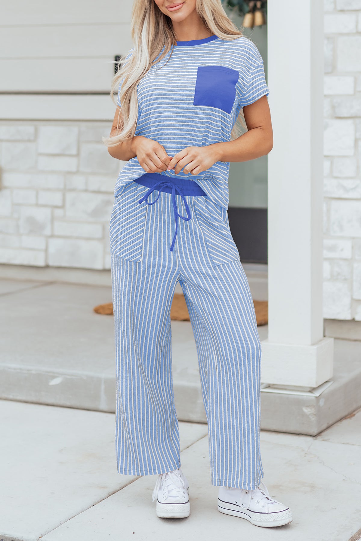 Khaki Stripe Crew Neck Tee Drawstring Waist Cropped Pants Set