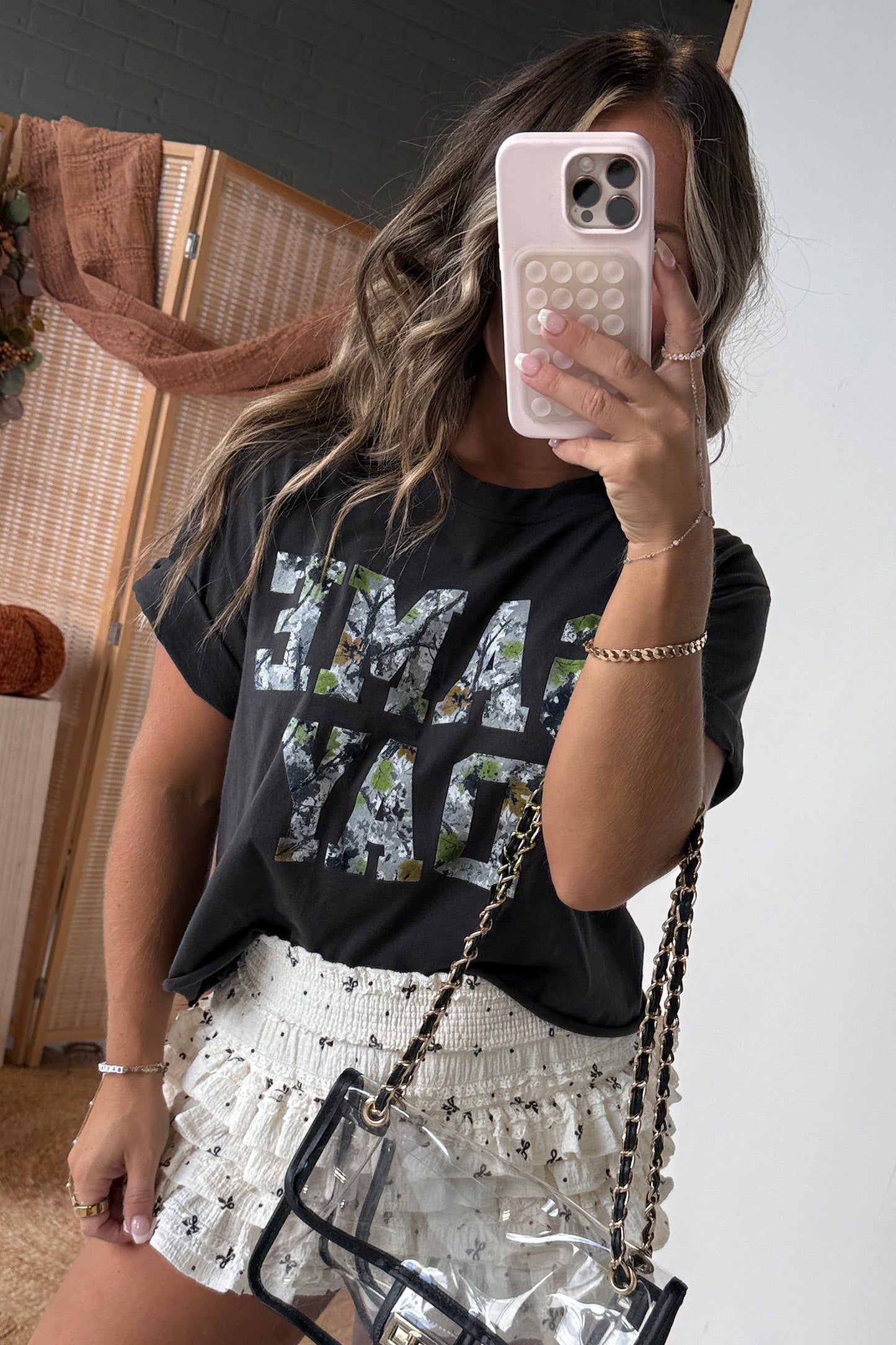 Black Game Day Camo Letter Print Round Neck Casual T Shirt