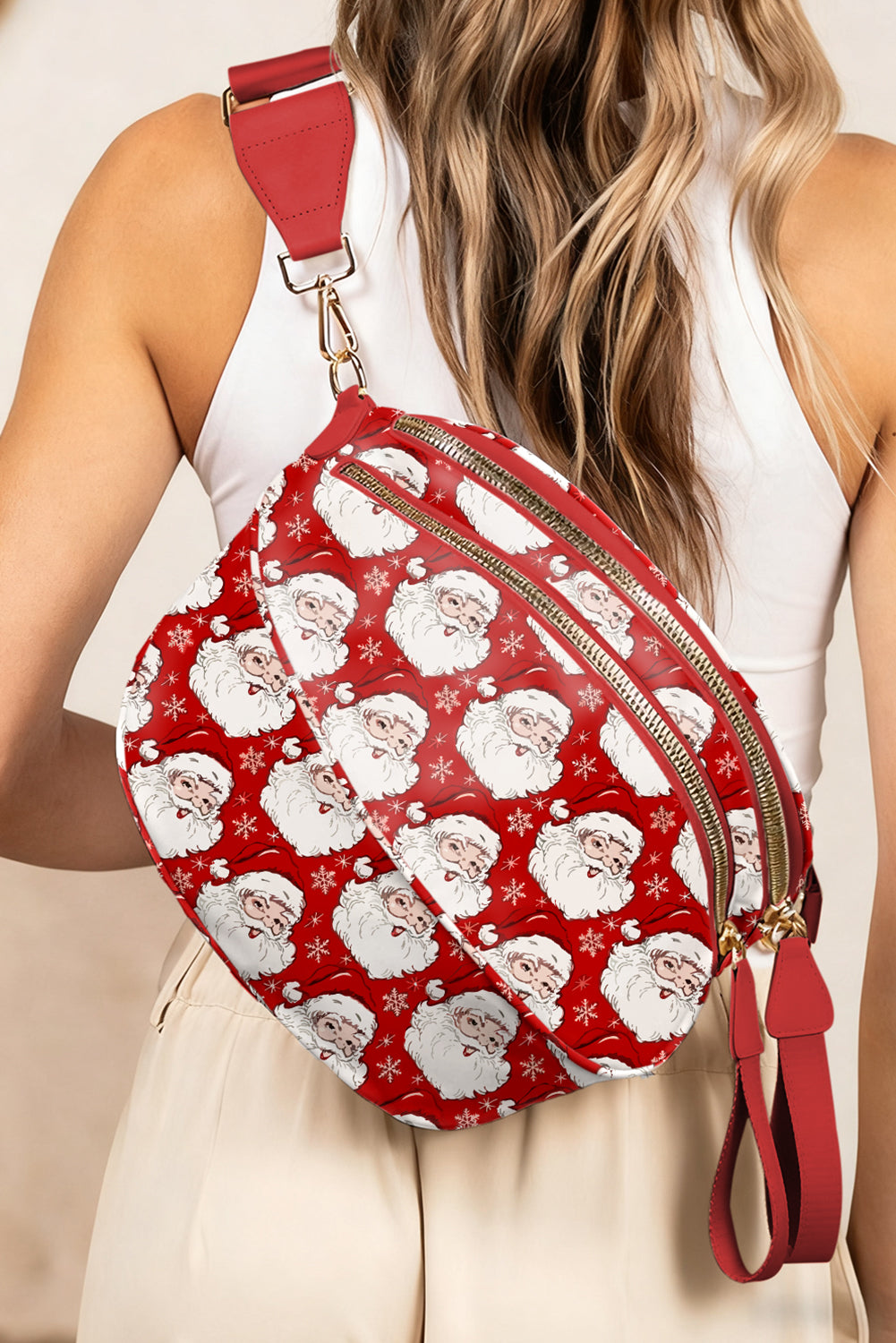Pink Christmas Theme Double Zip PU Leather Crossbody Bag