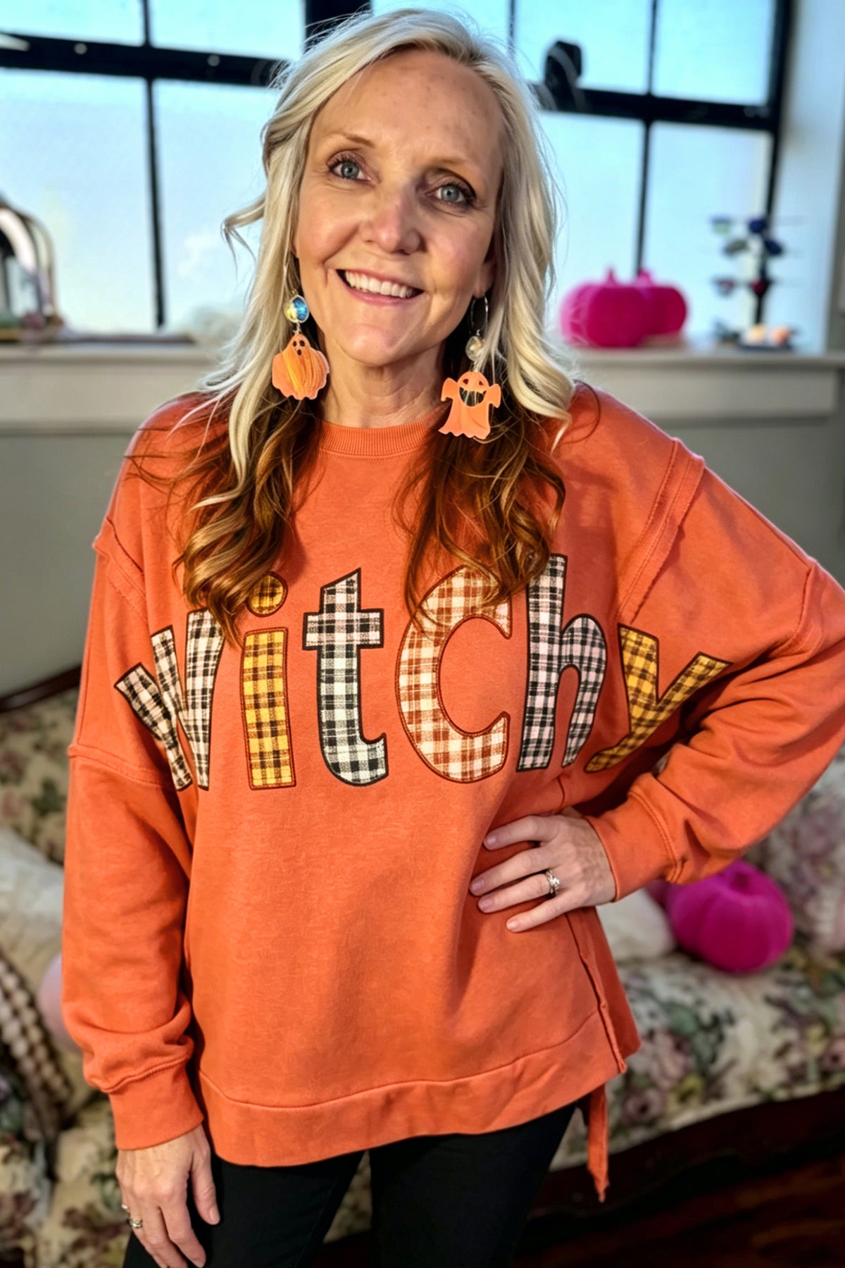 Flamingo Halloween Witchy Plaid Slogan Embroidered Patch Tunic Sweatshirt