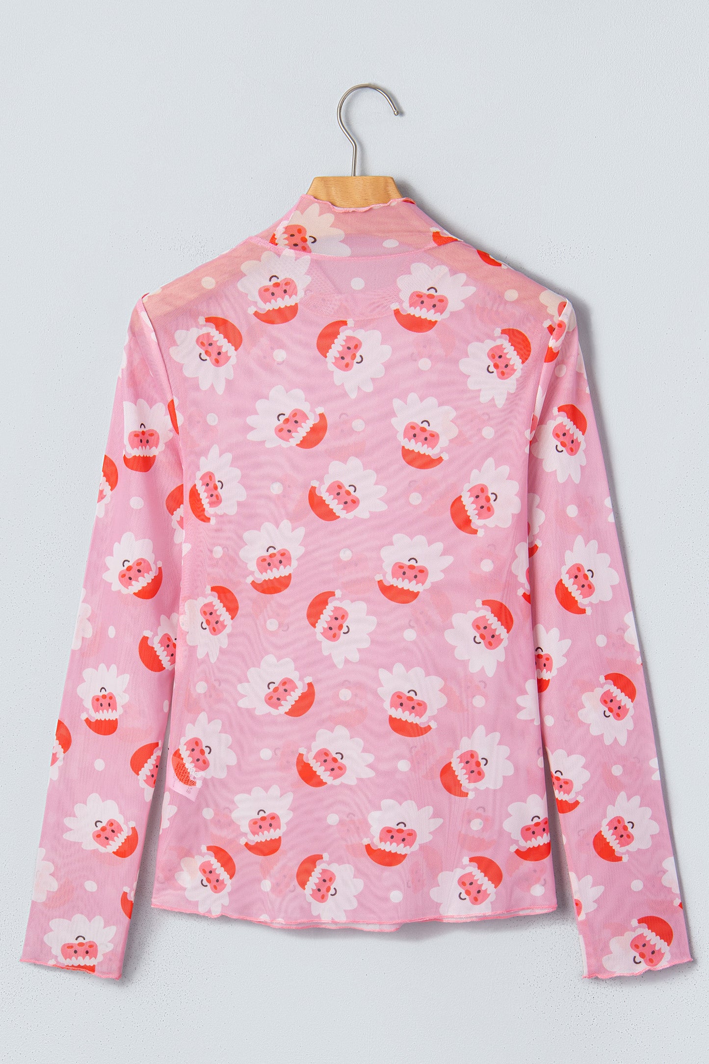 Pink Abstract Santa Print Stand Neck Sheath Long Sleeve Top