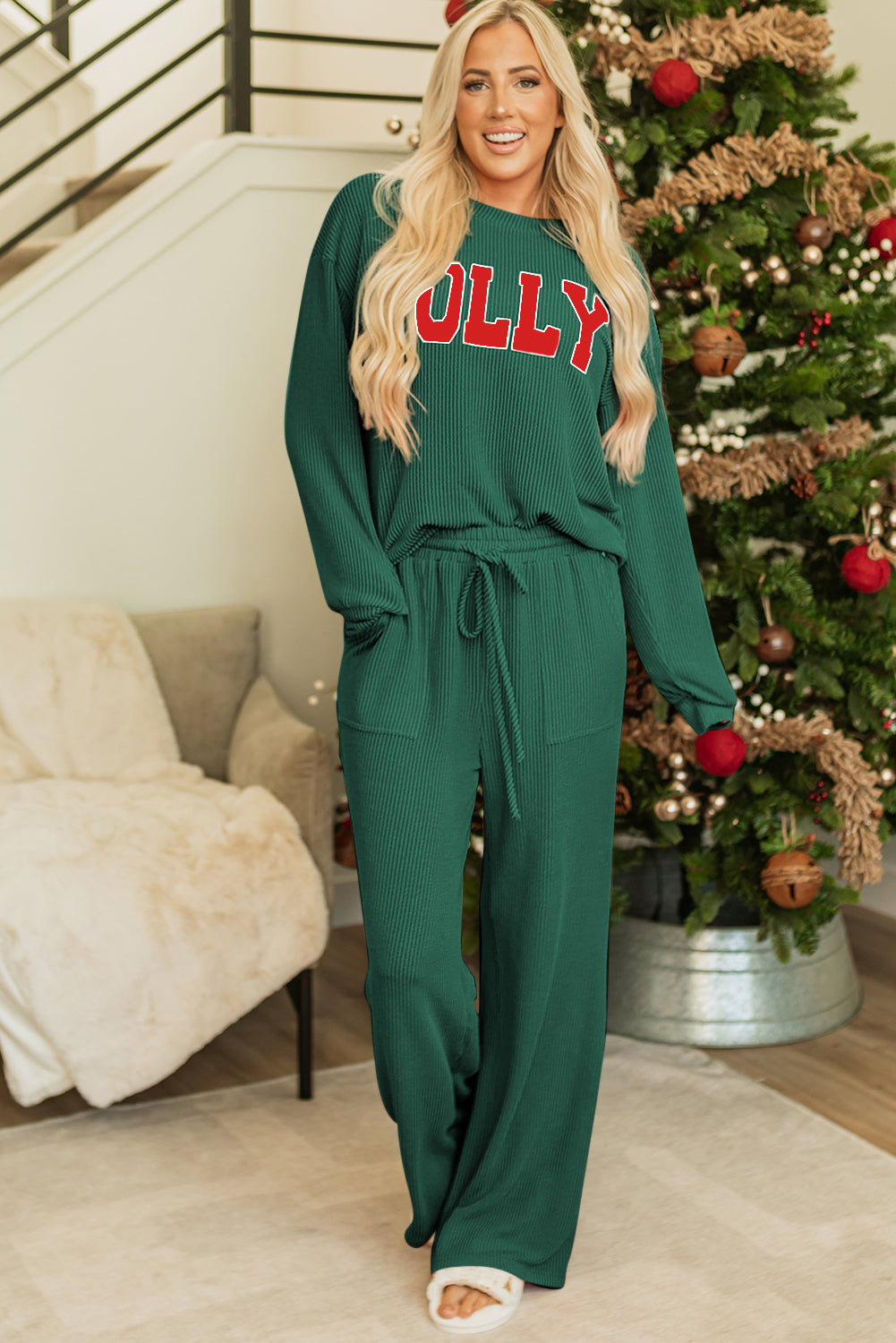 Black MERRY Corded Long Sleeve Top and Pockets Pants Set