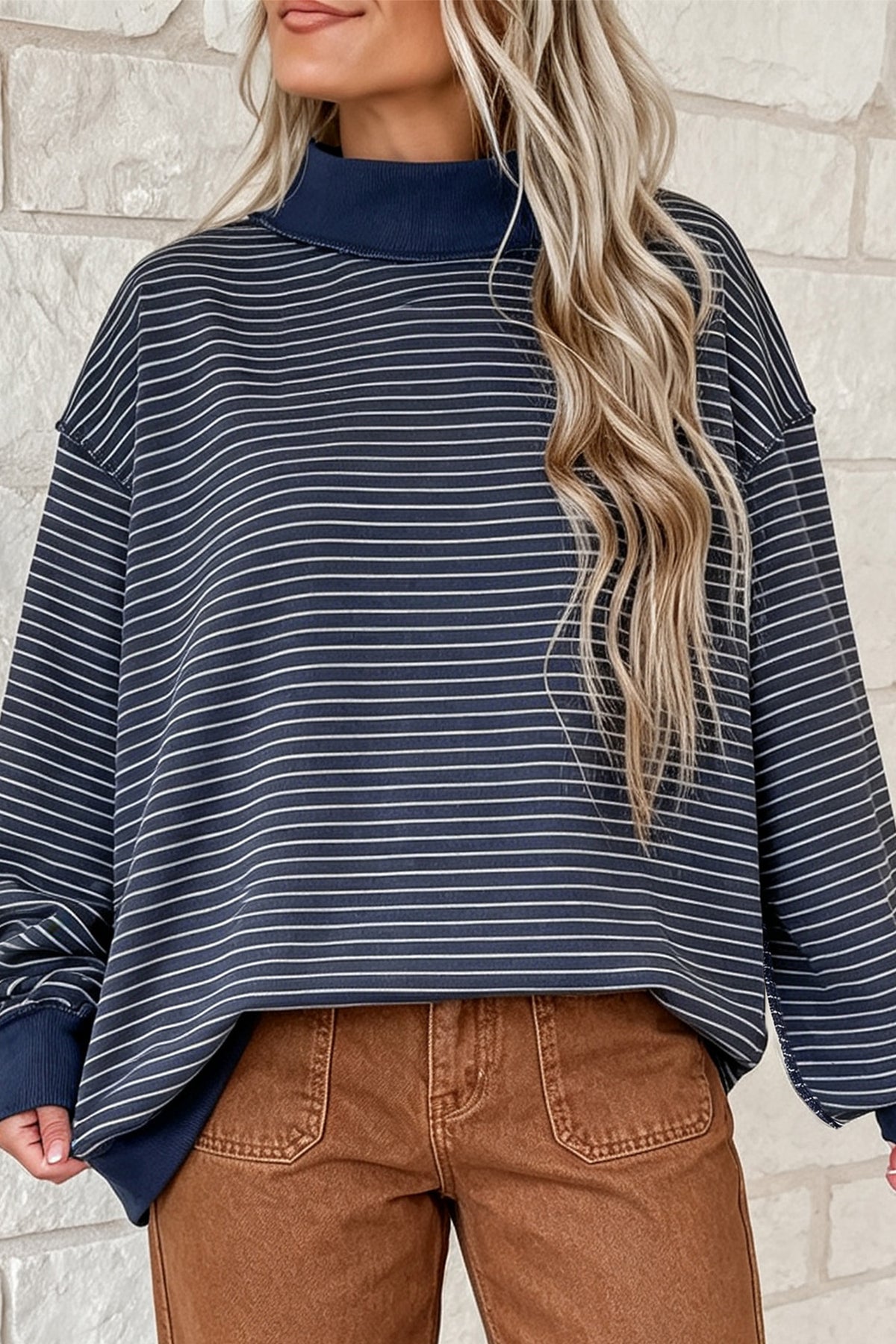 Pink Stripe Ribbed Color Block Mock Neck Oversized Sweatshirt