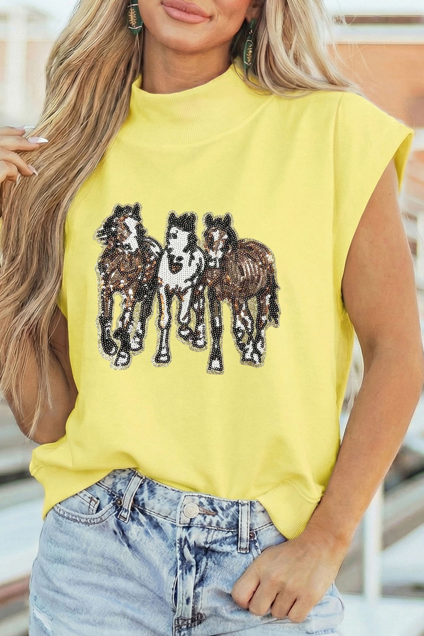 Yellow High Neck Sequin Horse Cap Sleeve Tunic Top