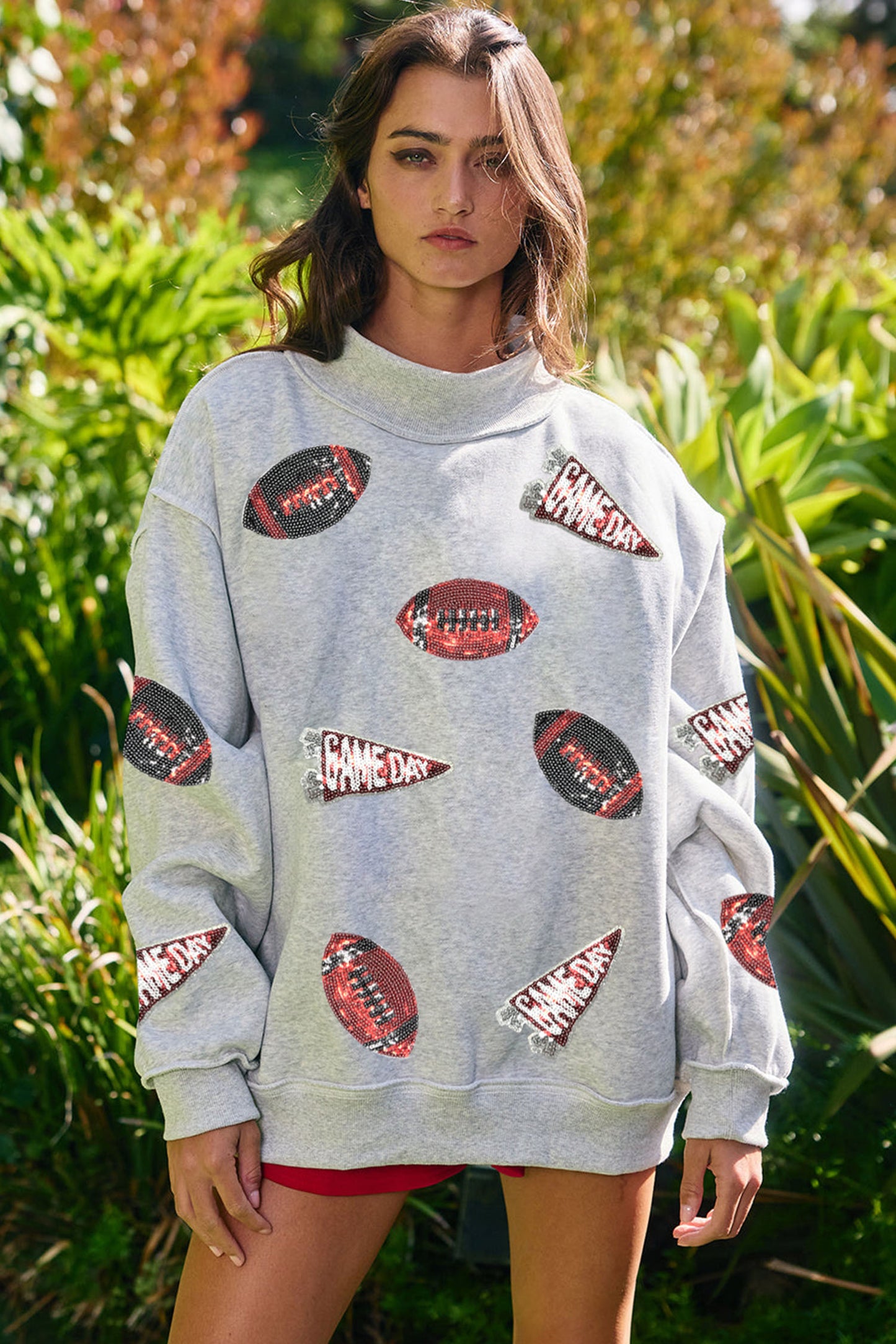 Light Grey Sequin Rugby Game Day High Neck Baggy Sweatshirt