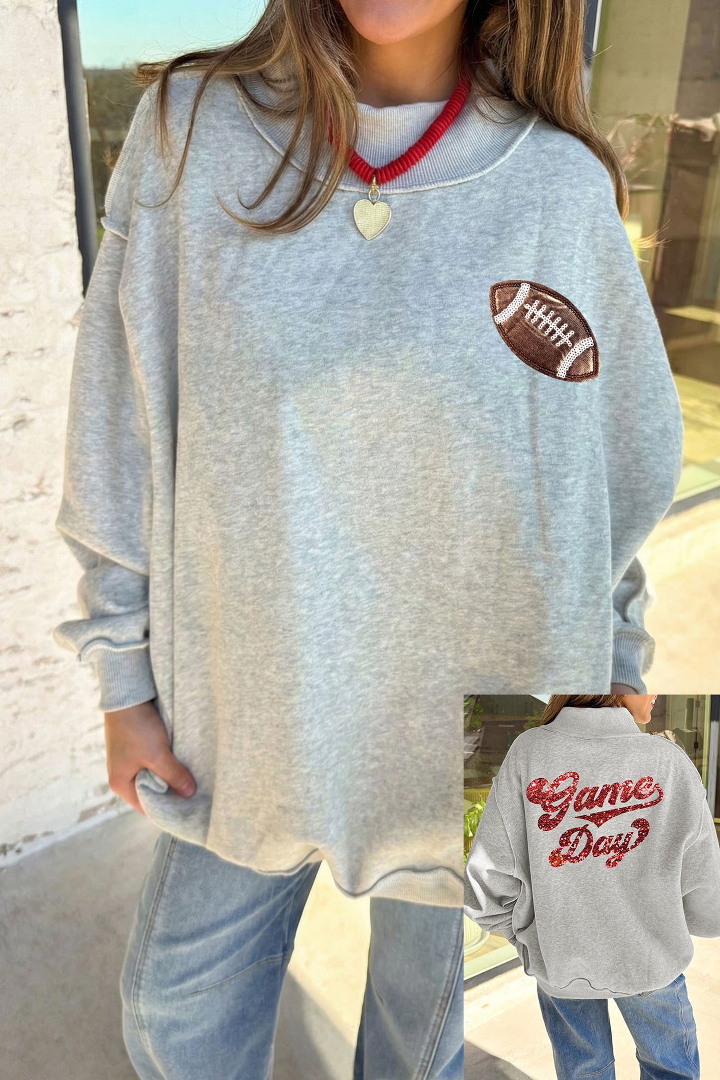 Light Grey Football Patch Sequin Game Day Lettering Mock Neck Tunic Sweatshirt