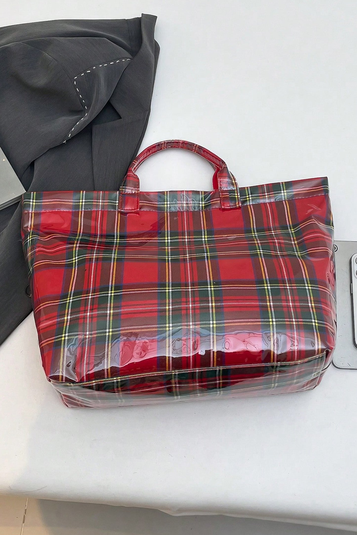 Fiery Red Plaid Pattern PVC Glossy Waterproof Tote Bag