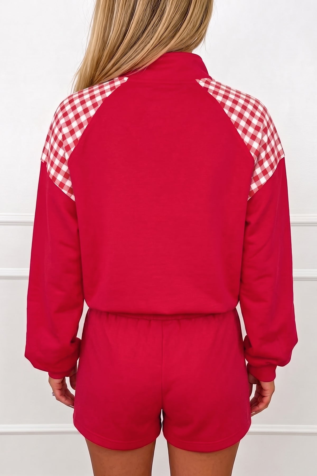 Coffee Plaid Patchwork Half Zip Pullover Drawstring Short Set