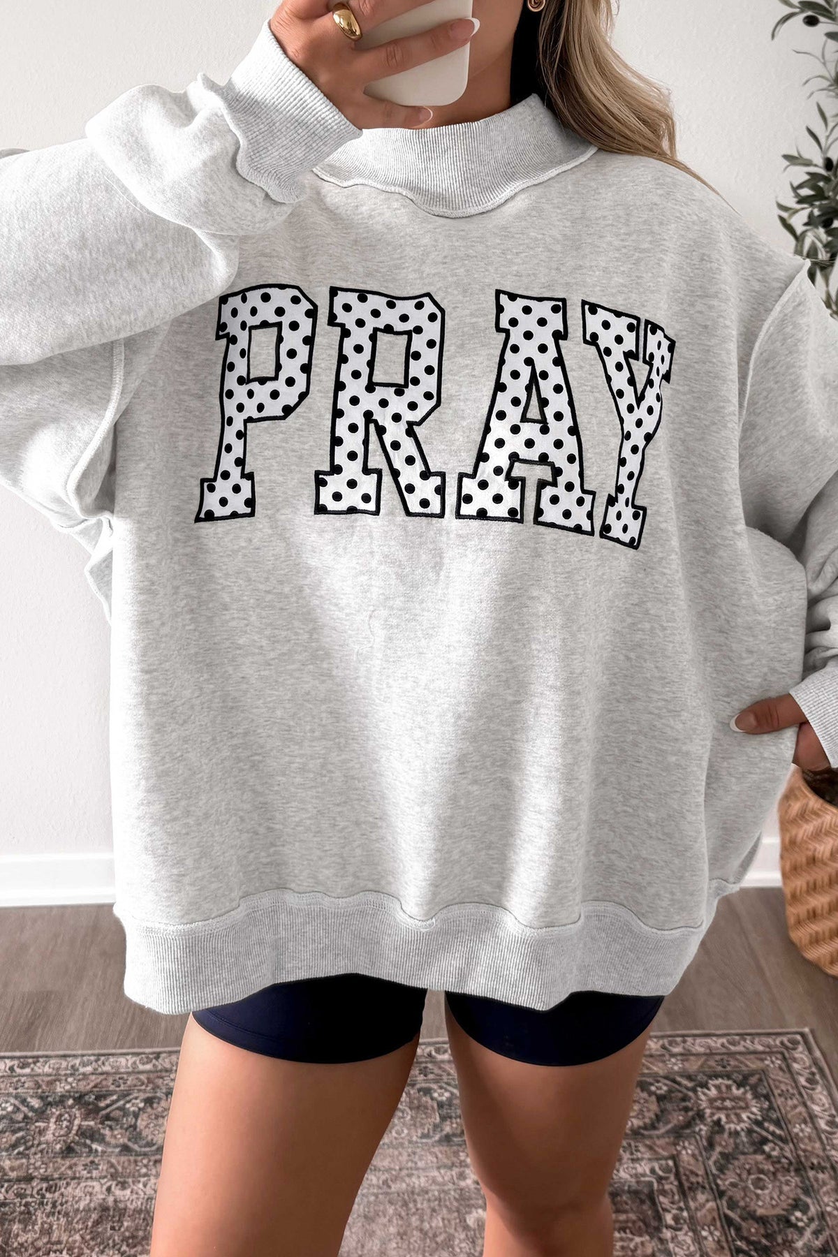 Coffee PRAY Polka Dot Embroidered Mock Neck Sweatshirt