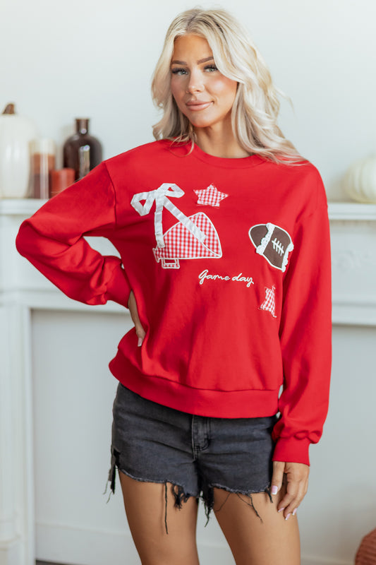 Racing Red Gingham Patch Embroidered Rugby Game Day Stars Sweatshirt